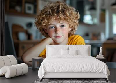 Young Caucasian boy with curly hair sitting at a desk with a laptop and apple. Wall mural