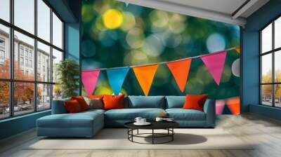 Colorful party flags made of paper / Triangle paper flag hang in the garden decorate in event, vertical backgrounds. Wall mural