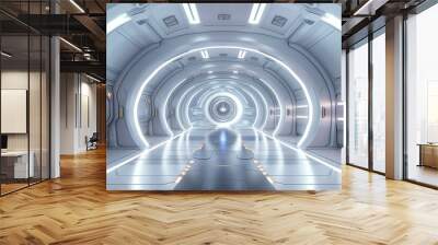 Futuristic spaceship interior corridor design, white background 3D room light abstract space technology tunnel stage floor. Empty white future 3D neon background. Wall mural