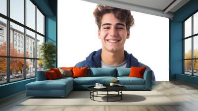 Happy Jewish young man in casual shirt smiling confidently on white background, portrait of a happy teenage boy with curly short hair looking at the camera. Wall mural