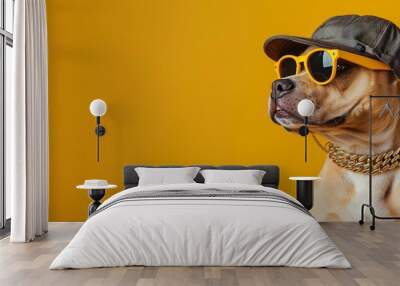 Hip hop dog star posing in front of yellow wall, stylish funny dog wearing cap, golden chain and sunglasses portrait, funny animal banner with copy space. Wall mural