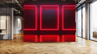 Three red neon light glowing blank picture frames on dark concrete wall in empty lobby room, concept of display, poster, advertising. Wall mural