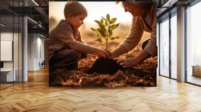 A diverse family honors a loved one's memory by jointly planting a tree in a serene forest, symbolizing life, love, legacy AI generative Wall mural