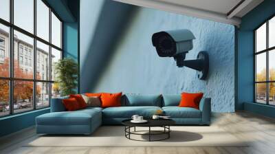 A modern security camera mounted on a wall, vigilantly monitoring for safety and protection, symbolizing surveillance, privacy, and technology in residential areas. Ai generated Wall mural