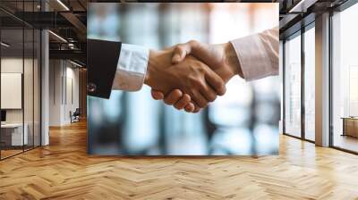 Business handshake in bright office. Business partnership meeting. Picture businessmans handshake. Successful businessmen handshaking after good deal. Horizontal, blurred background. Ai generated Wall mural