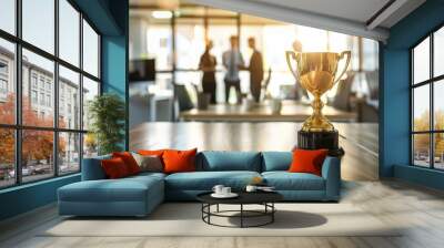 Concept team Success Golden Trophy Cup on a Wooden Table Highlighting Achievement in a Blurred Office Background - AI generated Wall mural