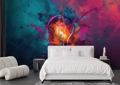 Creative light bulb explodes with colorful paint and colors. New idea, brainstorming concept AI generated Wall mural