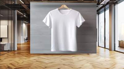 Experience a white tee shirt on a hanger in a mockup detailed display, located in a modern closet interior. A symbol of chic design, curated by AI Wall mural