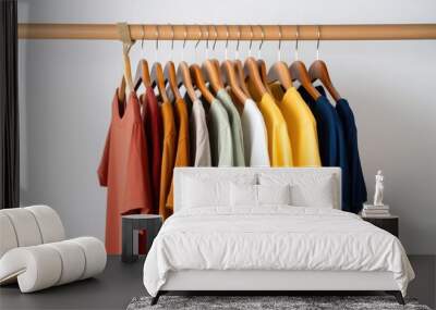 Picture a close-up collection of colorful t-shirts hanging on wooden clothes hangers in a closet or on a clothing rack over a white background. Space for your creative inputs, made by AI Wall mural