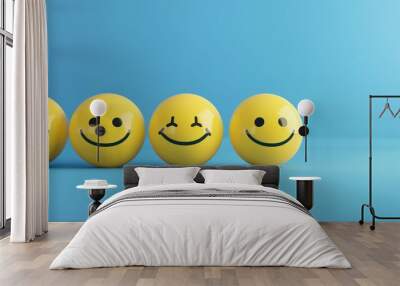 Row of smiling emoticon balls on blue background, concept of happiness and positive customer feedback - AI generated Wall mural