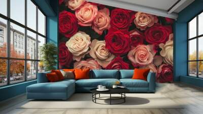 Valentine's Day exquisite tapestry of roses in a gradient of deep red to soft pink hues creates a rich, romantic background. a sense of luxury and elegance. Ai generated Wall mural