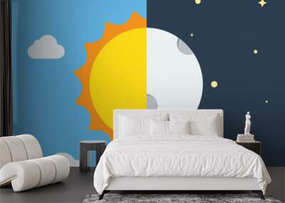 equinox half day half night. day and night background with landscape vector illustration. Wall mural