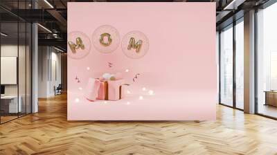 Happy Mother's Day background. Mom Text Metallic gold foil balloons. 3D Illustration Golden Helium balloons. Wall mural