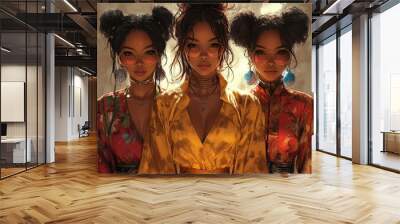 A beautifully composed illustration highlighting three women in traditional yet contemporary fashions, accentuated with exquisite accessories and a warm, rich palette. Wall mural