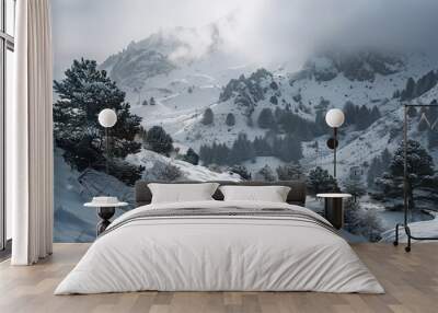 A breathtaking snow-covered mountainous landscape capturing the serene and majestic nature of winter, perfect for an abstract wallpaper or background image Wall mural