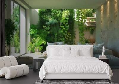 A bright indoor garden room featuring white furniture and an abundance of green plants, creating a tranquil atmosphere with modern design elements. Wall mural