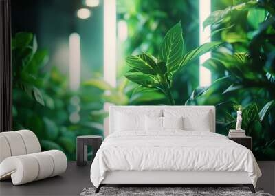 A close-up of vibrant green plants with illuminated leaves under soft, bright lights, creating a modern and refreshing ambiance and highlighting the beauty of nature indoors. Wall mural