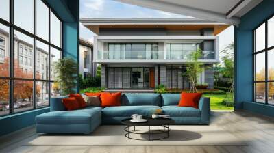 A contemporary two-story house featuring expansive glass windows, a well-manicured front yard, and sleek architectural design. Wall mural