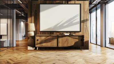 A cozy entertainment area with a wooden entertainment center holding a flat-screen television, a lamp, and various decorative items, all set against a rustic wooden wall backdrop. Wall mural