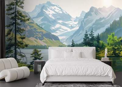 A digital vector illustration of a peaceful mountain landscape with a lake reflecting the surrounding pine trees and snow-capped peaks Wall mural