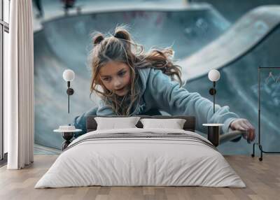 A dynamic shot of a young girl concentrating as she skateboards in a skate park, illustrating youth and courage Wall mural