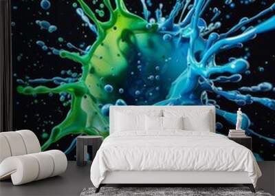 A dynamic splash of vibrant green and blue paints captured mid-air, creating an explosion of color and energy. Wall mural