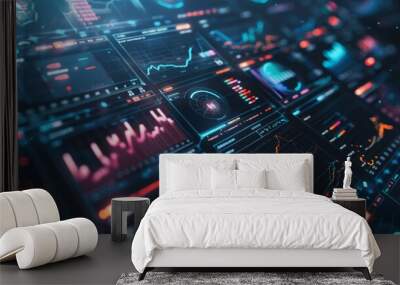 A futuristic digital dashboard showcasing various data visualizations, graphs, and charts displayed in a high-tech, colorful interface. Wall mural