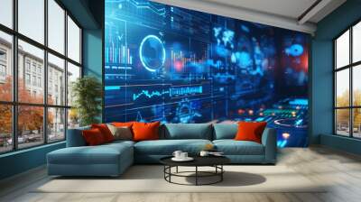 A futuristic interface showcasing complex data visualizations including charts, graphs, and digital animations, emphasizing technology and data analysis. Wall mural