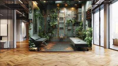 A futuristic space featuring a mix of industrial decor and abundant plants under artificial lighting, offering a unique blend of technology and nature. Wall mural