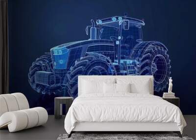 A futuristic wireframe design of an agricultural tractor showcasing the intricate mechanical details and structure. Wall mural