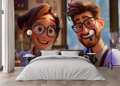 A heartwarming animated scene of a couple smiling and holding coffee mugs, creating a feel of domestic bliss and love Wall mural