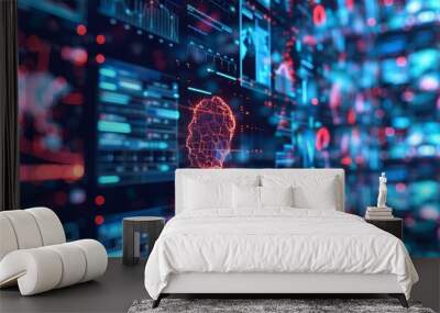 A high-tech futuristic interface filled with vibrant colors, showcasing data and analytics through various digital elements and visual displays. Wall mural