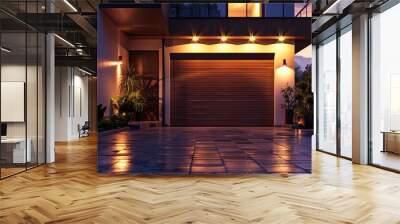 A modern home at twilight, showcasing an elegantly illuminated driveway, complete with a luxury car and surrounding greenery. Wall mural