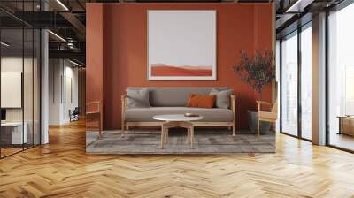 A modern living room boasting a red accent wall, minimalist furniture, and a large framed abstract painting, creates a striking and sophisticated interior design. Wall mural