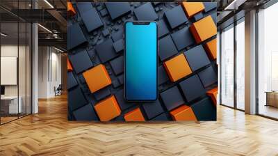 A modern smartphone with a blue screen displayed on a patterned background of black and orange textured cubes Wall mural