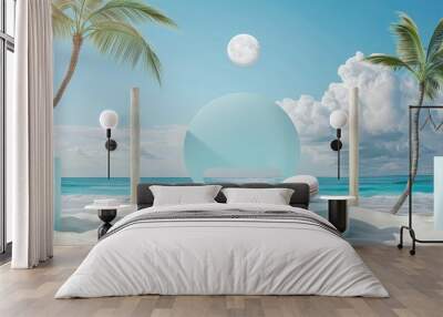 A serene beach with palm trees features a modern abstract circular sculpture and a macaron on the white sand, creating a stylish composition. Wall mural