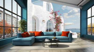 A serene Greek villa overlooking the sea, with bougainvillea and minimalist design, ideal for wallpaper and abstract backgrounds Wall mural