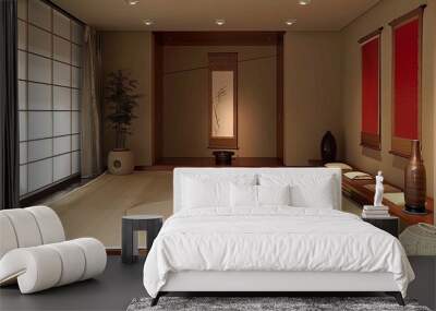 A serene Japanese-style minimalistic room, featuring low table, tatami mats, paper sliding doors, and simple decor that promotes tranquility and simplicity. Wall mural