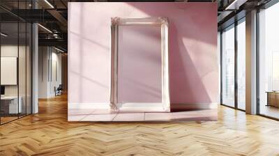 A tall, elegant mirror with a white ornate frame leans against a textured pink wall. Sunlight streams in through an unseen window, creating a serene atmosphere. Wall mural