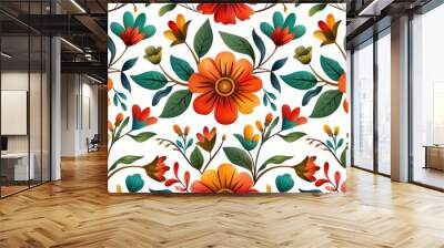 A vibrant and colorful floral pattern featuring orange and red flowers with green leaves on a white background. Wall mural