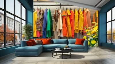 A vibrant array of neatly arranged clothing creates a visually appealing abstract, suitable for wallpaper or background, and a potential best-seller Wall mural