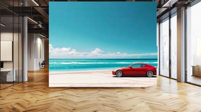 A vibrant red sports car on a white sandy beach with blue seascape can be a hit abstract background or wallpaper Wall mural