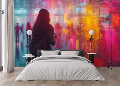 A woman stands before a colorful data interface, providing a modern wallpaper and background concept Wall mural