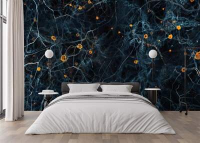 An abstract depiction of neural network and brain synapses in shades of blue and orange, suitable as a scientific wallpaper Wall mural