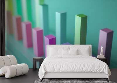 An abstract illustration of a bar graph rendered in 3D, featuring pastel colors and varying heights, set against a mint green gradient, signifying analytical elegance. Wall mural