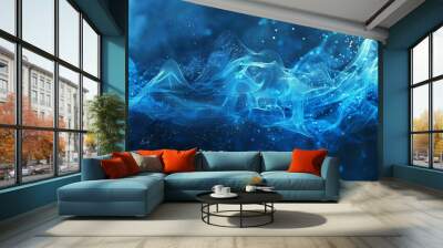 An abstract image featuring swirling blue mist with shimmering particles, producing a dreamy and underwater-like ethereal effect, evoking mystery and serenity. Wall mural