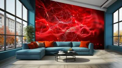 An abstract network of interconnecting lines and dots in red against a black background, representing connectivity Wall mural