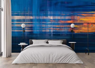 An abstract painting dominated by blue and orange hues, featuring horizontal brush strokes that convey calmness and energy. Wall mural