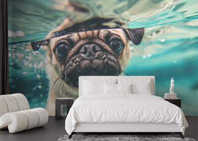 An adorable pug swims underwater, a unique image for abstract concepts of exploration and curiosity, likely a wallpaper or background best-seller Wall mural