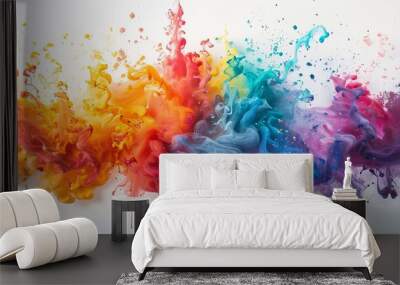 An energetic scene featuring a vibrant explosion of multicolored paint splashes on a white background, creating a dynamic and visually stimulating abstract pattern. Wall mural